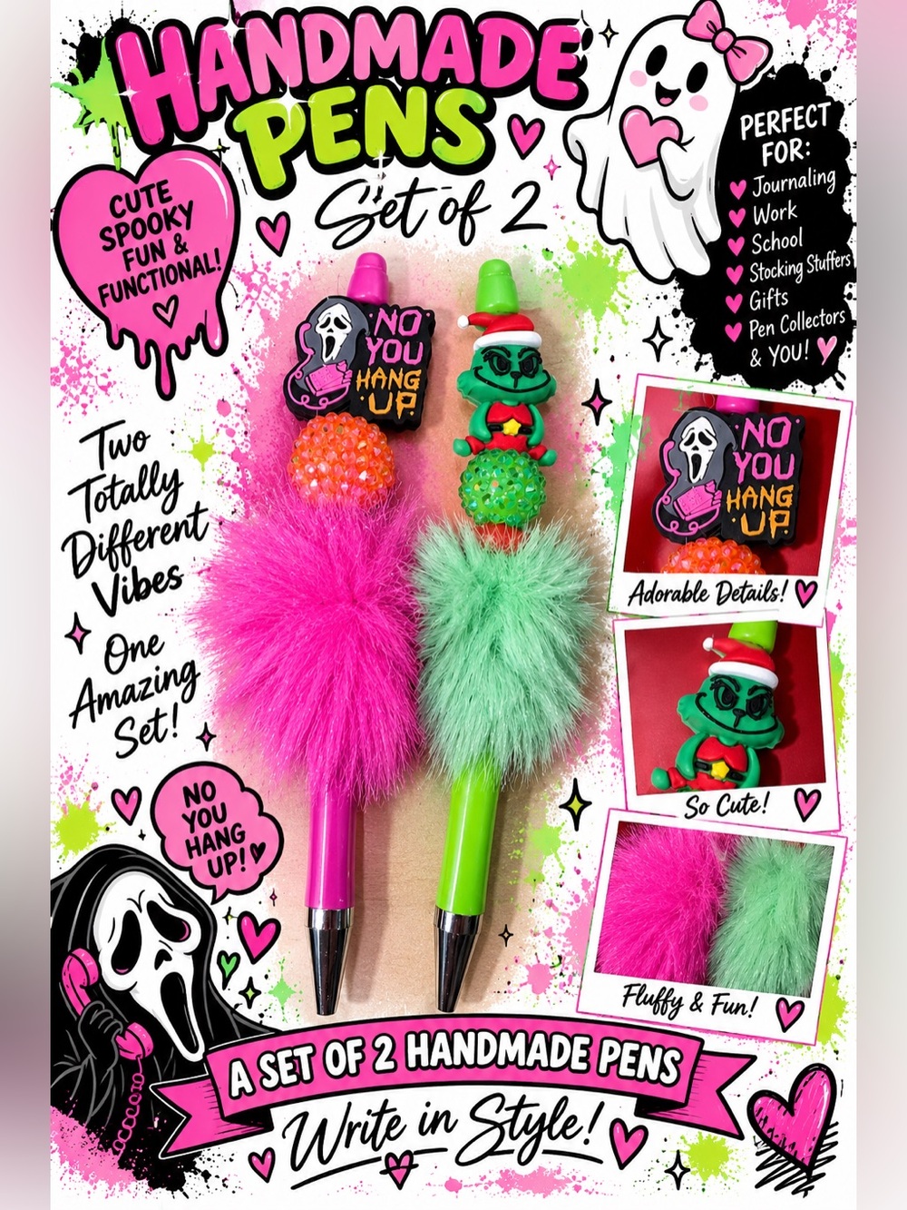 Handmade Grinch and Scream Pens